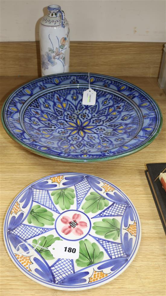A Moroccan pottery wall charger, a Coimbra faience bottle vase and a modern Manises ceramic wall plate,